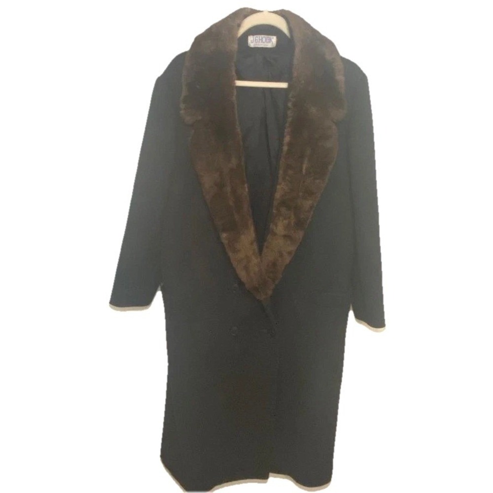 JG Hook‎ Vintage Black 100% Pure Wool Coat Faux Fur Collar Made in USA WomensL
